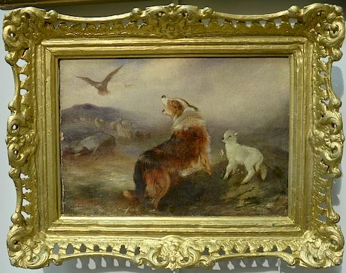 Walter Hunt (1861-1941), oil on canvas, Guarding the Lost Baby Sheep, signed lower left: W. Hunt., 7" x 10", Provenance: Sold