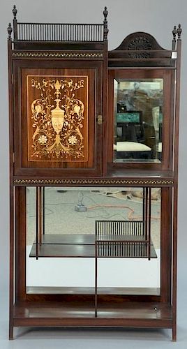 Aesthetic movement rosewood etagere, top shelves with plain surrounds over door with urn inlay of brass, pewter, copper, and