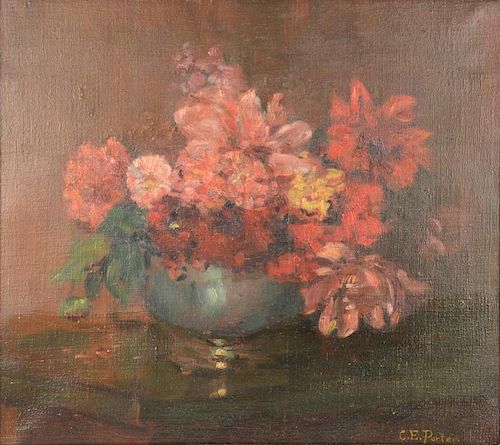 Charles Ethan Porter (1847-1923), oil on canvas, still life of flowers in a vase, signed lower right: C.E. Porter, label on v