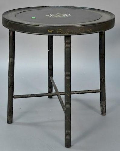 Round stand with pietra dura inlaid top having various flowers and butterfly, all set on turned legs with X stretcher