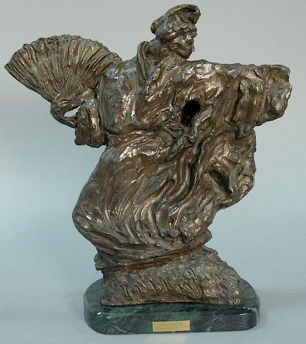Donna Weiser, patinated bronze sculpture, "Geisha with Fan", impressed at back of base: Weiser 5/9, set on marble base, bronz