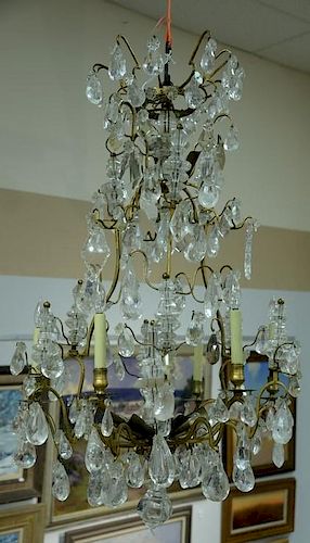 Rock crystal and crystal Louis XV style ormolu chandelier, electrified six arm light with total of fifteen lights, one arm in