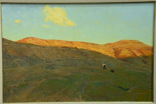 Rygh Westby (American, b. 1949), oil on masonite panel, "Sheep Wagon", signed and dated lower right: Rygh Westby 1983, 20" x