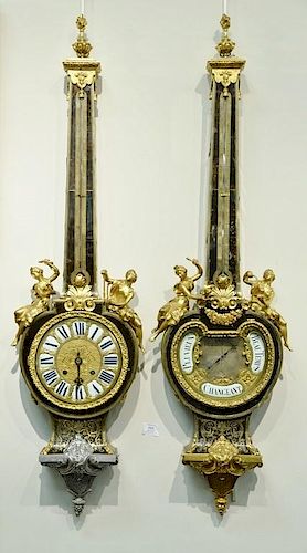 Regence French gilt bronze Boulle Cartel wall clock and companion barometer having brass inlaid brown tortoiseshell with heav