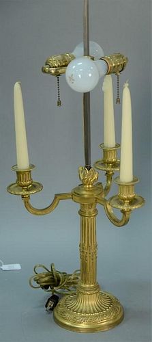 Gilt bronze candelabra lamp having three candles and two bulbs, ht