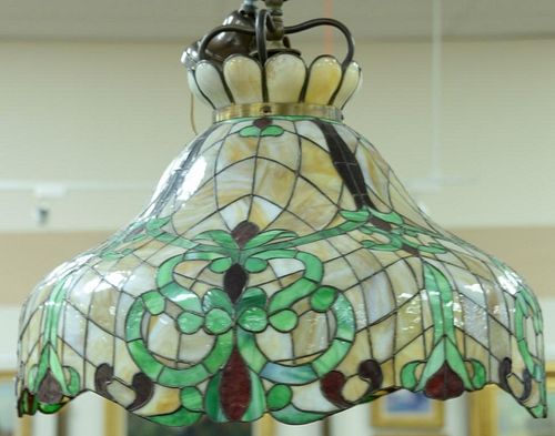 Victorian leaded glass hanging light, bell shaped with caramel, green, and red glass. ht. 24in. (includes chain), dia. 25in.