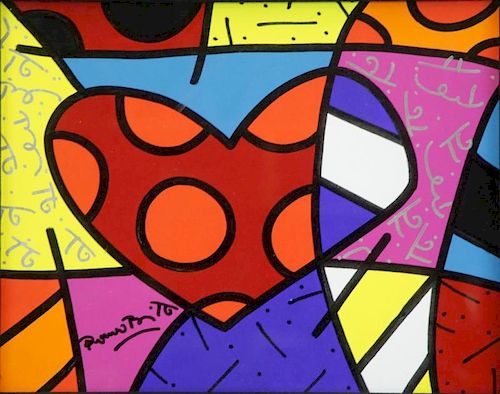 BRITTO, Romero. "Red Heart"  Acrylic on Canvas.