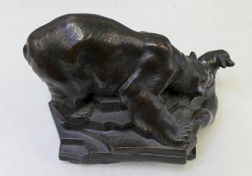 LANYI, Deszo. Bronze. Bear Devouring Seal. 1926.