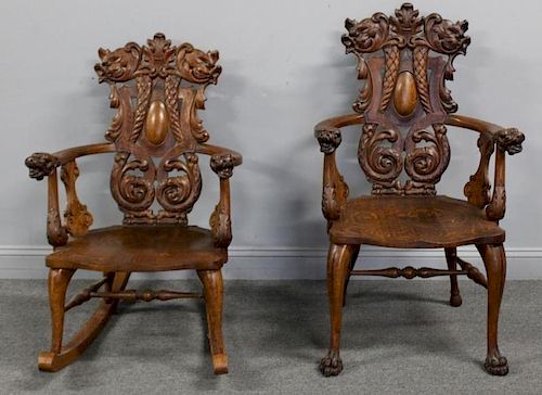 Victorian Highly Carved Oak Rocking Chair and