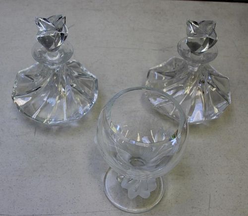 LALIQUE, France. Signed Decanters and a Vase.