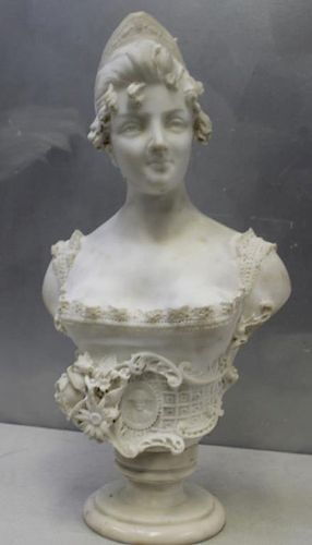 Antique Marble Bust of a Beauty on Pedestal Base.