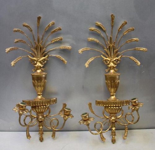 Pair of Vintage Italian Giltwood Urn Form Sconces.