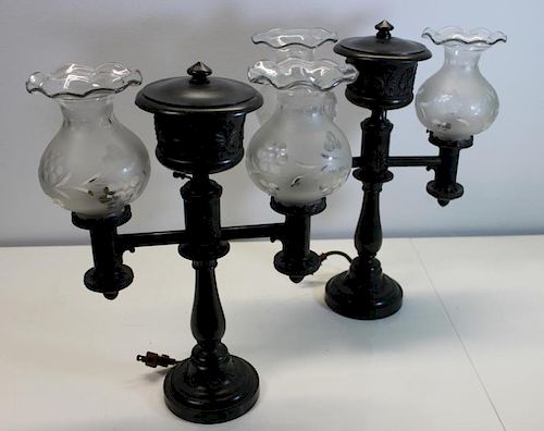 PAIR of Argand Lamps with Etched Glass Shades.