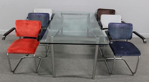 MIDCENTURY. 6 Chrome Chairs and A Glass Top Table