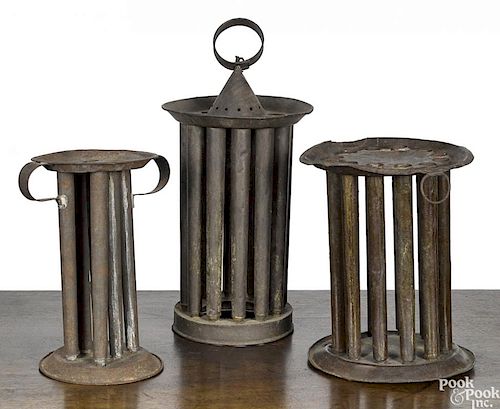 Three unusual round tin candle molds, 19th c.