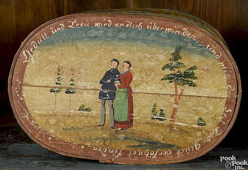 Continental painted bentwood brides box, 19th c.