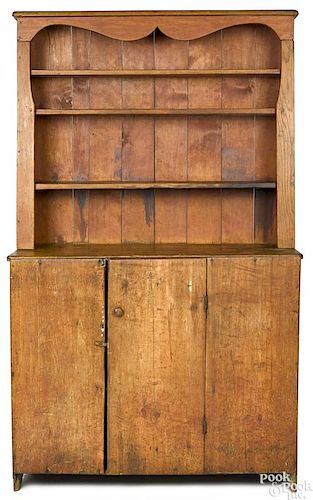 New England pine stepback open pewter cupboard