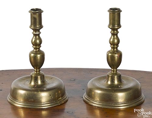 Pair of Dutch brass bell base candlesticks