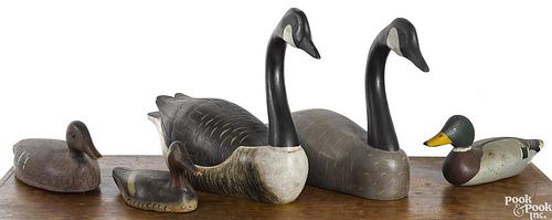 Five carved and painted decoys