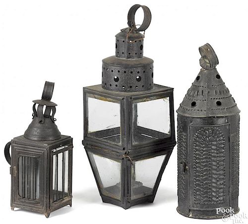 Three Pennsylvania tin candle lanterns, 19th c.