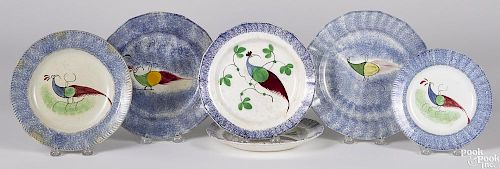 Six blue spatter plates, with peafowl decoration