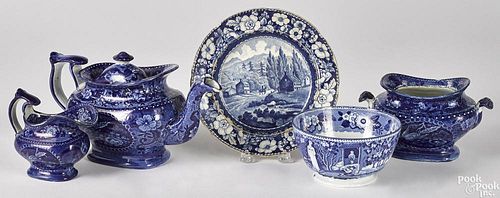 Five pieces of blue transfer porcelain, 19th c.
