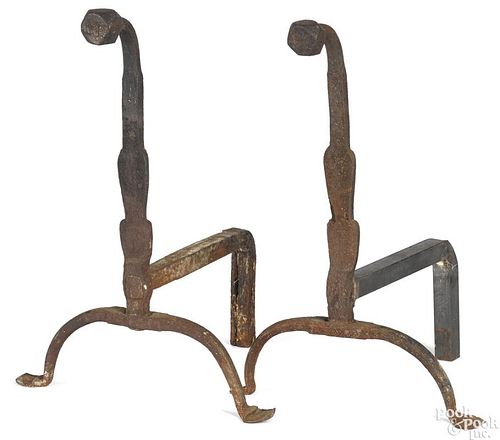Pair of wrought iron andirons, ca. 1800
