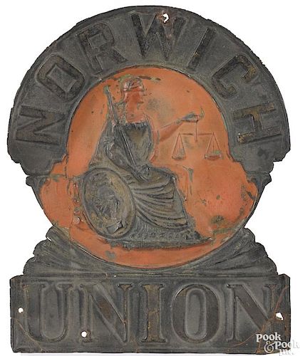 Embossed copper Norwich Union insurance sign