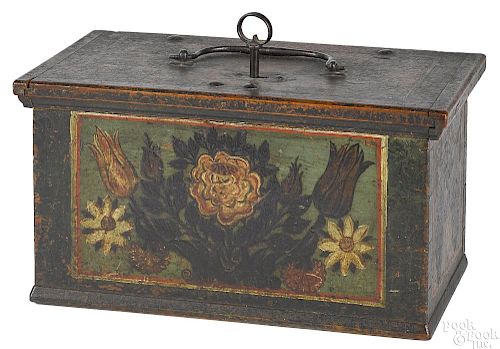 Continental painted pine lock box, late 18th c.