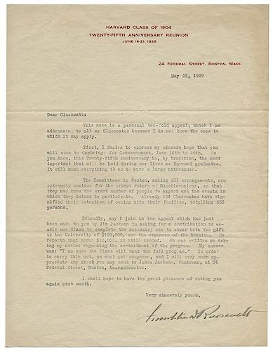 Typed Letter Signed, “Franklin D. Roosevelt,” Addressing Harvard Classmates of 1904.