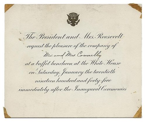 Honored Guest Non-Transferable Pass to The White House Grounds Inauguration Ceremonies of January 20th, 1945.
