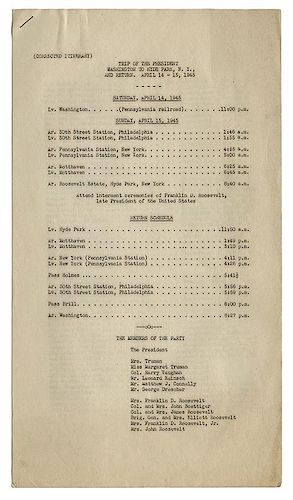FDR Funeral Train: Original Three Page “Corrected Itinerary” of the “Trip of the President – Washington, D.C. to Hyde