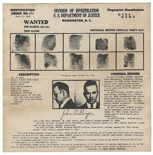 John Dillinger FBI Wanted Broadside.