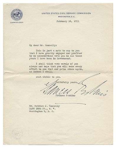 Perkins, Frances (1880-1965). Typed Letter Signed.