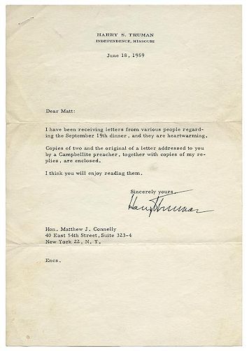 Two signed Harry S. Truman letters, together with an invitation flyer and admission ticket to a Testimonial Dinner for “The