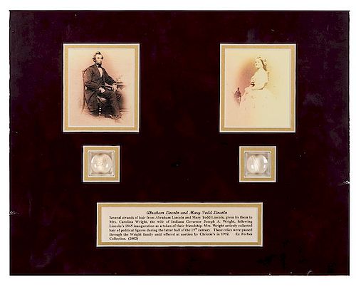 Lincoln, Abraham. Samples of Hair Strands Attributed to Abraham and Mary Todd Lincoln. Forbes Collection.