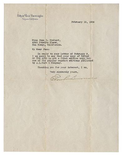 Typed Letter Signed, “Edgar Rice Burroughs,” to Jean Richard.