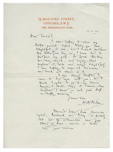 Autograph Letter Signed, “A.A. Milne,” to Vincent Seligman.