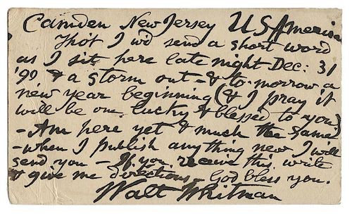 New Year’s Eve Postcard Signed, “Walt Whitman,” to the Poet Gabriel Sarrazin.