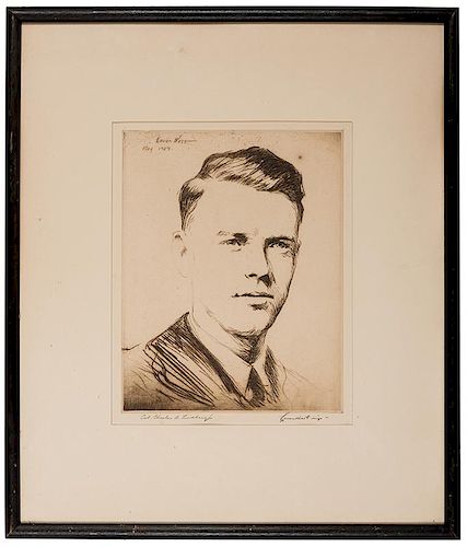 Portrait Etching of Charles Lindberg Signed.