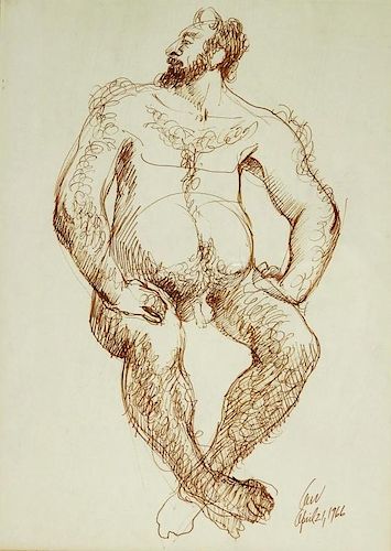MCM Modernist Sepia Pen Drawing of Male Nude