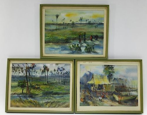 3 Thai Rural Genre WC Harbor Landscape Paintings