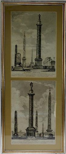 2 French Obelisk Architectural Element Engravings