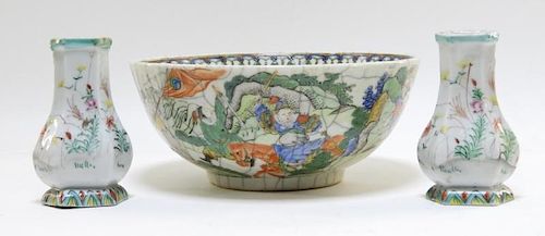Chinese Famille Rose Crackle Glaze Bowl & Vases