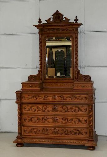 French Carved Fruitwood Marble Top Chest w Mirror
