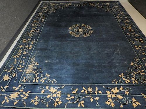 Chinese Art Deco Blue & Ivory Floral Rug Carpet