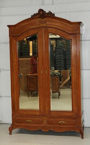 French Carved Fruitwood Mirrored Armoire
