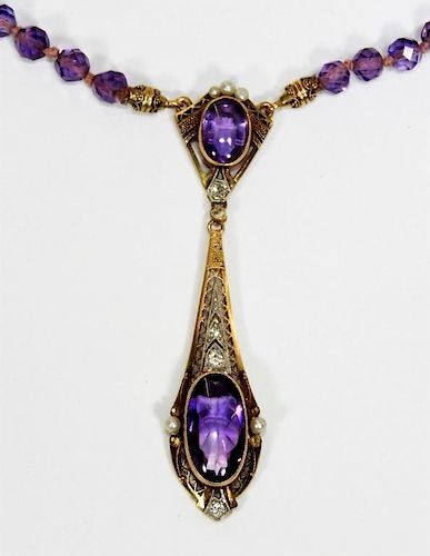 Lady's Art Nouveau Amethyst 14KT Gold Necklace