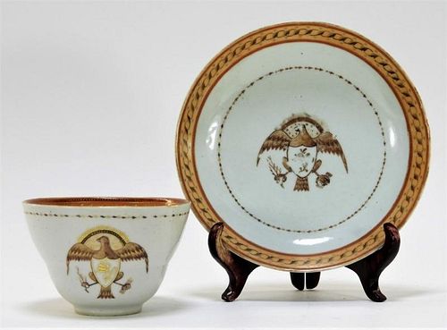 Chinese Armorial Eagle Porcelain Tea Cup & Saucer