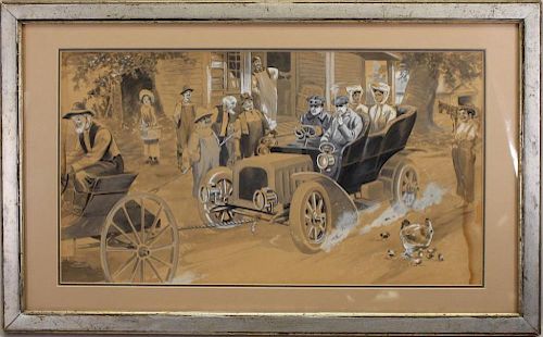 20th C Painting of Figures Near Broken Down Car
